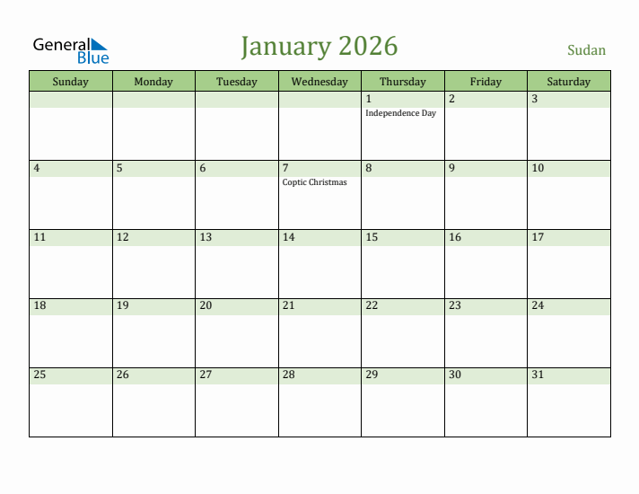 January 2026 Calendar with Sudan Holidays