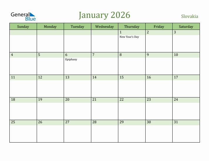 January 2026 Calendar with Slovakia Holidays