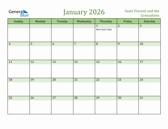 January 2026 Calendar with Saint Vincent and the Grenadines Holidays