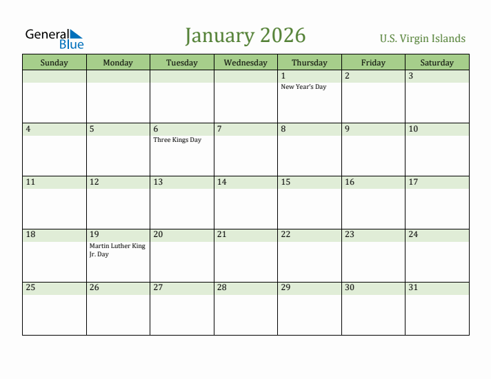 January 2026 Calendar with U.S. Virgin Islands Holidays