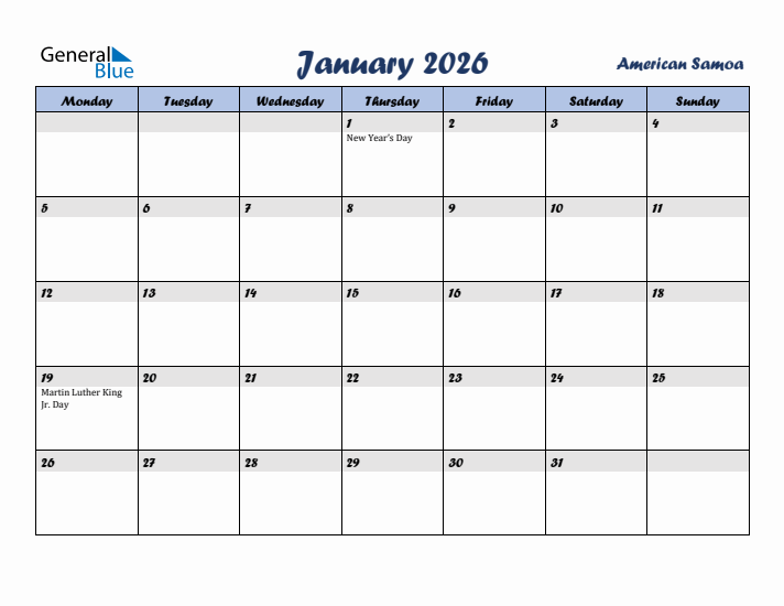 January 2026 Calendar with Holidays in American Samoa