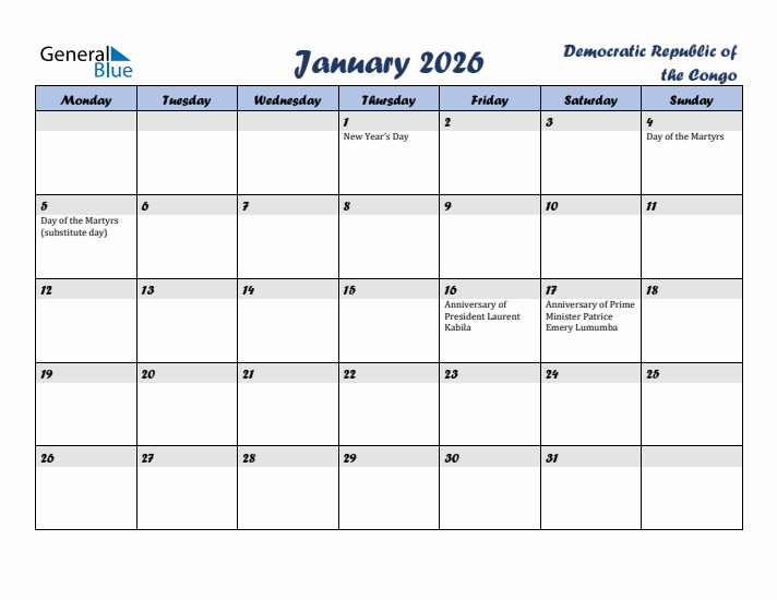 January 2026 Calendar with Holidays in Democratic Republic of the Congo