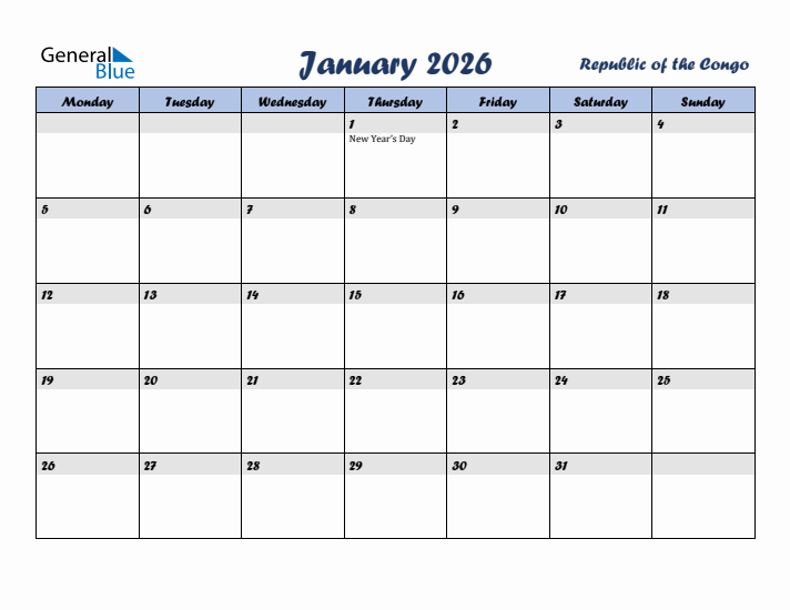 January 2026 Calendar with Holidays in Republic of the Congo