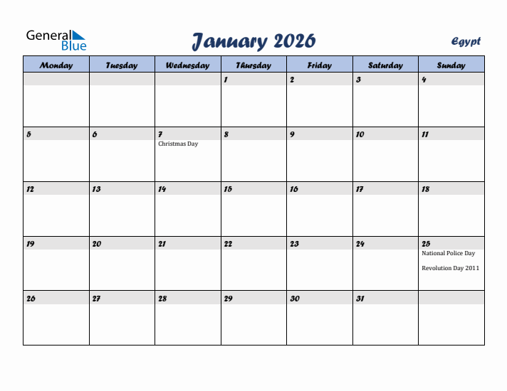 January 2026 Calendar with Holidays in Egypt