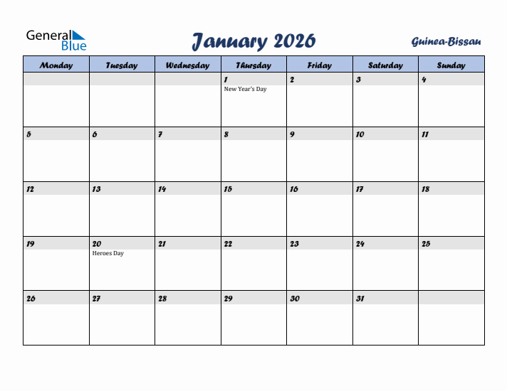 January 2026 Calendar with Holidays in Guinea-Bissau