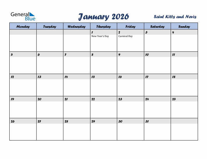 January 2026 Calendar with Holidays in Saint Kitts and Nevis