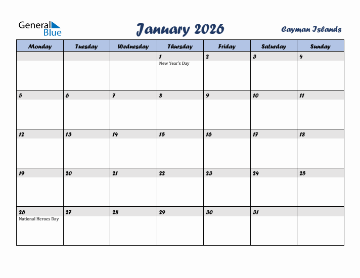 January 2026 Calendar with Holidays in Cayman Islands