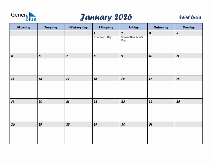 January 2026 Calendar with Holidays in Saint Lucia