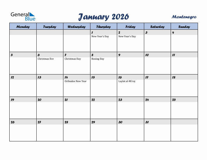 January 2026 Calendar with Holidays in Montenegro