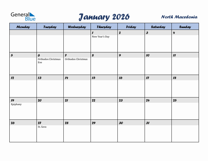 January 2026 Calendar with Holidays in North Macedonia