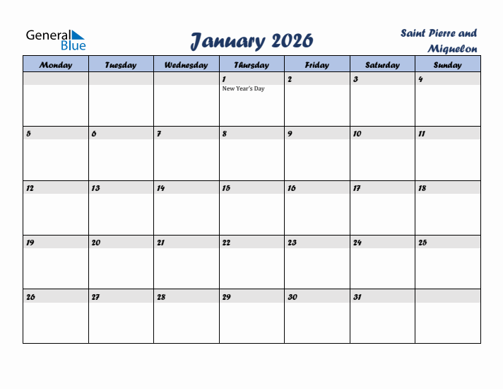 January 2026 Calendar with Holidays in Saint Pierre and Miquelon