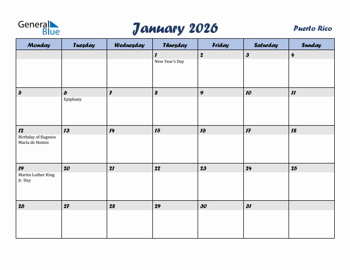 January 2026 Calendar with Holidays in Puerto Rico