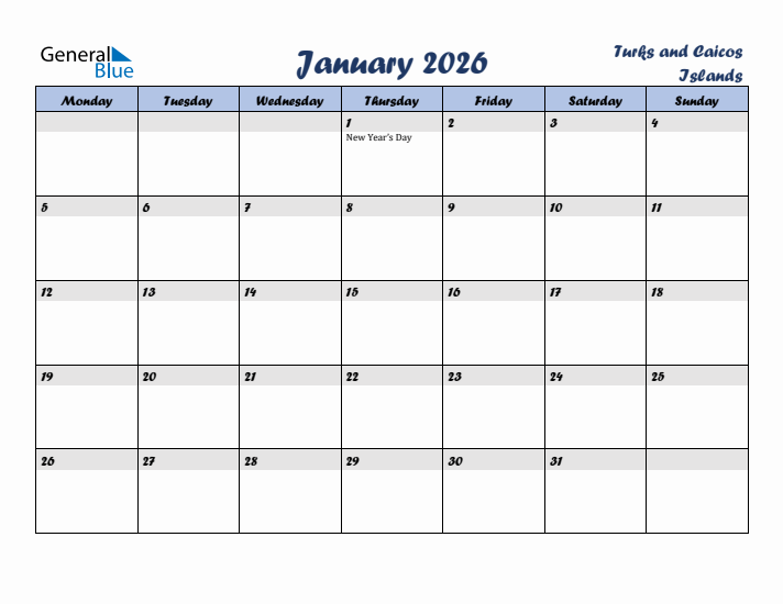 January 2026 Calendar with Holidays in Turks and Caicos Islands
