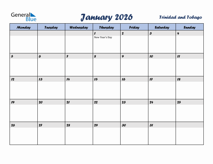 January 2026 Calendar with Holidays in Trinidad and Tobago