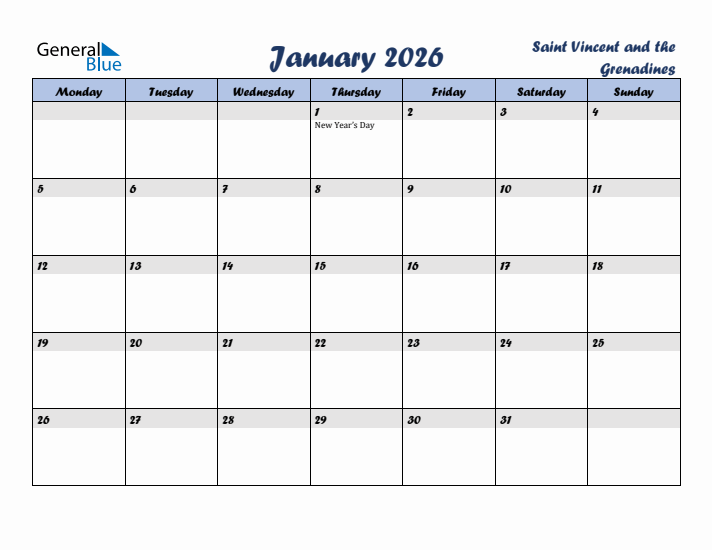 January 2026 Calendar with Holidays in Saint Vincent and the Grenadines
