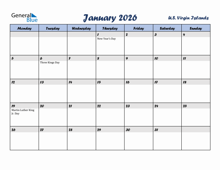 January 2026 Calendar with Holidays in U.S. Virgin Islands