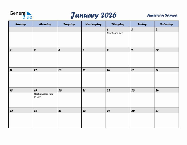 January 2026 Calendar with Holidays in American Samoa