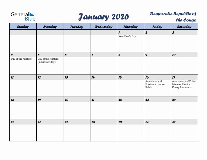 January 2026 Calendar with Holidays in Democratic Republic of the Congo