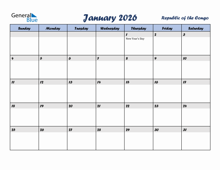 January 2026 Calendar with Holidays in Republic of the Congo