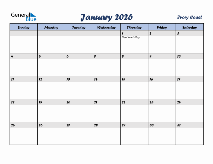 January 2026 Calendar with Holidays in Ivory Coast