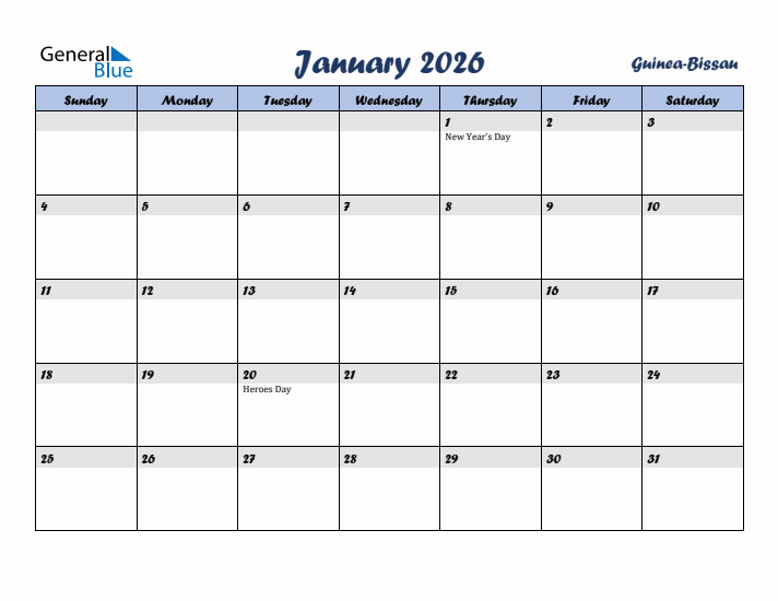 January 2026 Calendar with Holidays in Guinea-Bissau