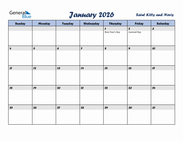 January 2026 Calendar with Holidays in Saint Kitts and Nevis