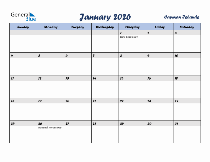 January 2026 Calendar with Holidays in Cayman Islands