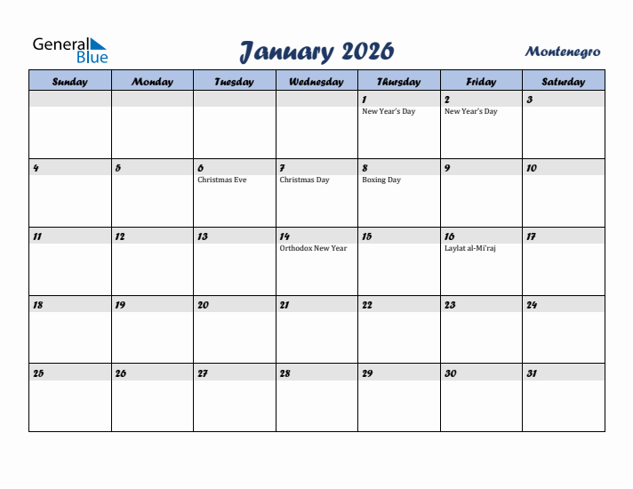 January 2026 Calendar with Holidays in Montenegro