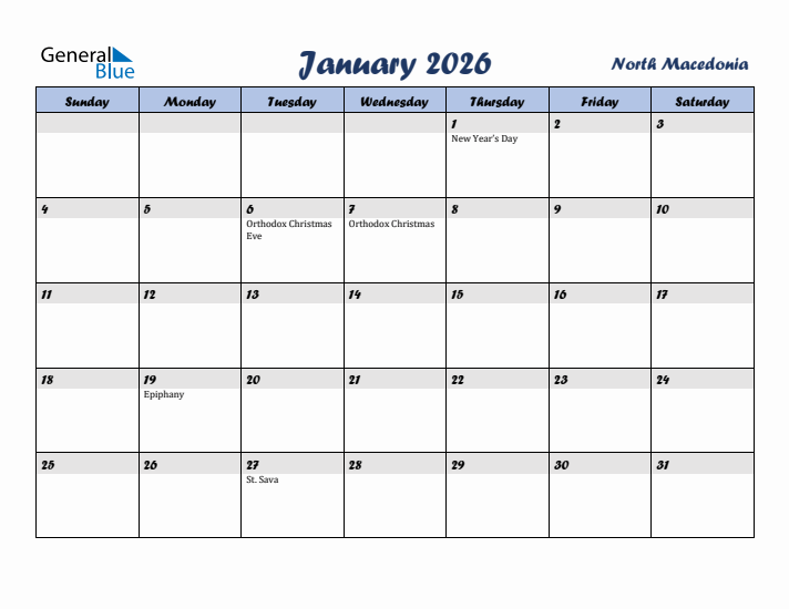 January 2026 Calendar with Holidays in North Macedonia
