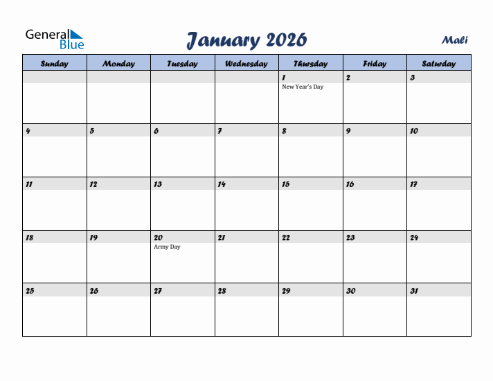 January 2026 Calendar with Holidays in Mali