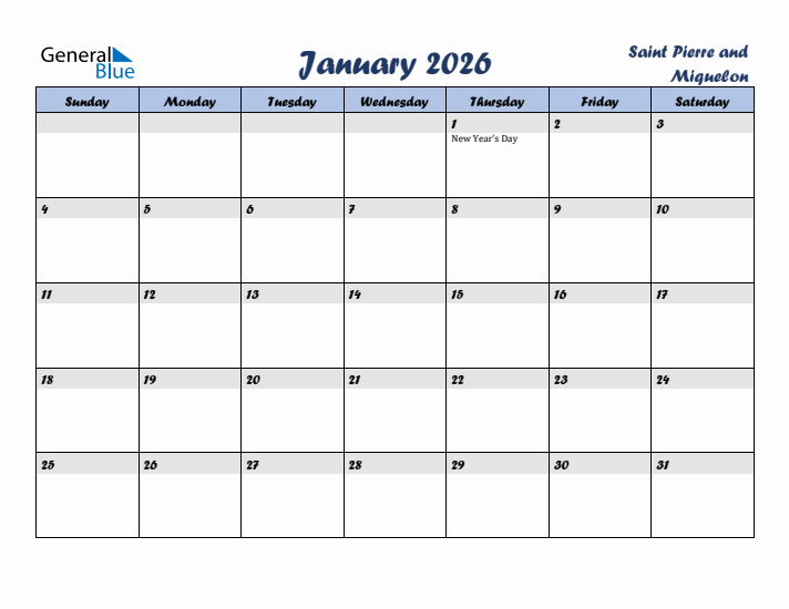 January 2026 Calendar with Holidays in Saint Pierre and Miquelon