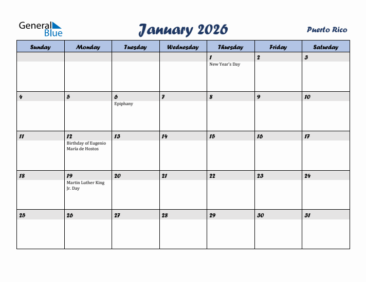 January 2026 Calendar with Holidays in Puerto Rico
