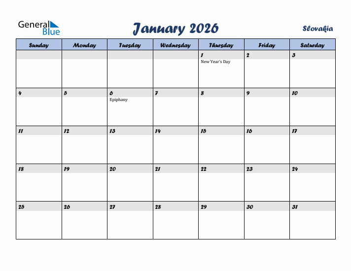 January 2026 Calendar with Holidays in Slovakia