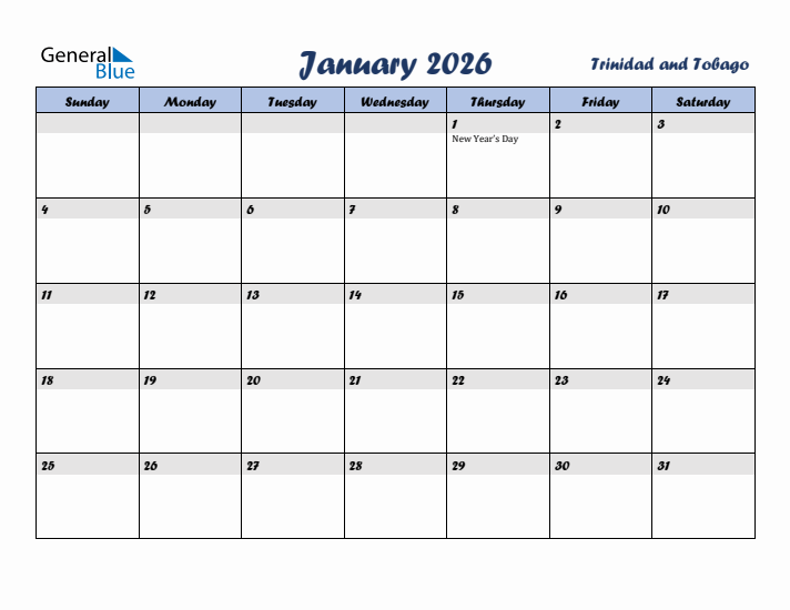 January 2026 Calendar with Holidays in Trinidad and Tobago