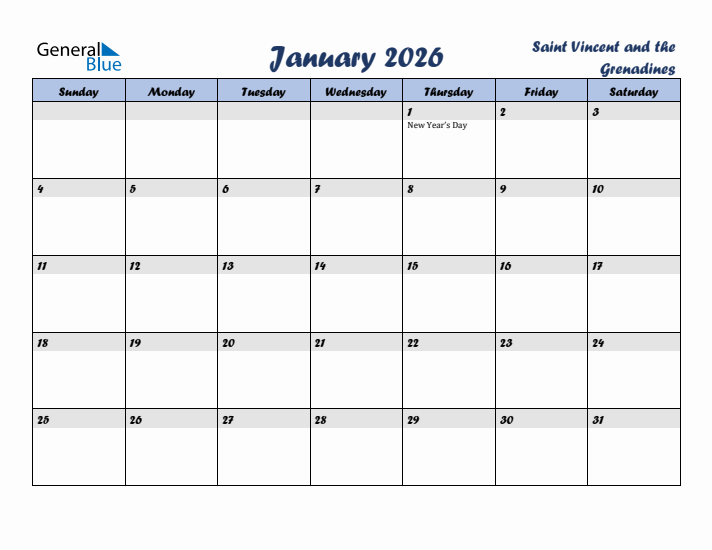 January 2026 Calendar with Holidays in Saint Vincent and the Grenadines