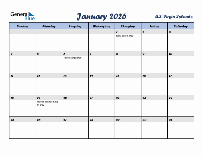 January 2026 Calendar with Holidays in U.S. Virgin Islands
