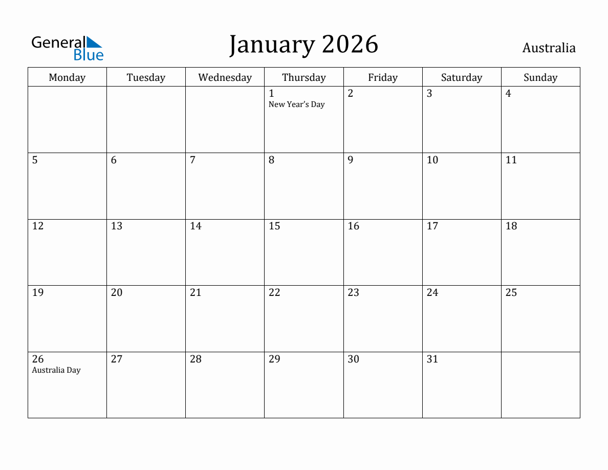 Australia Monthly Calendar - January 2026 (Monday Start)