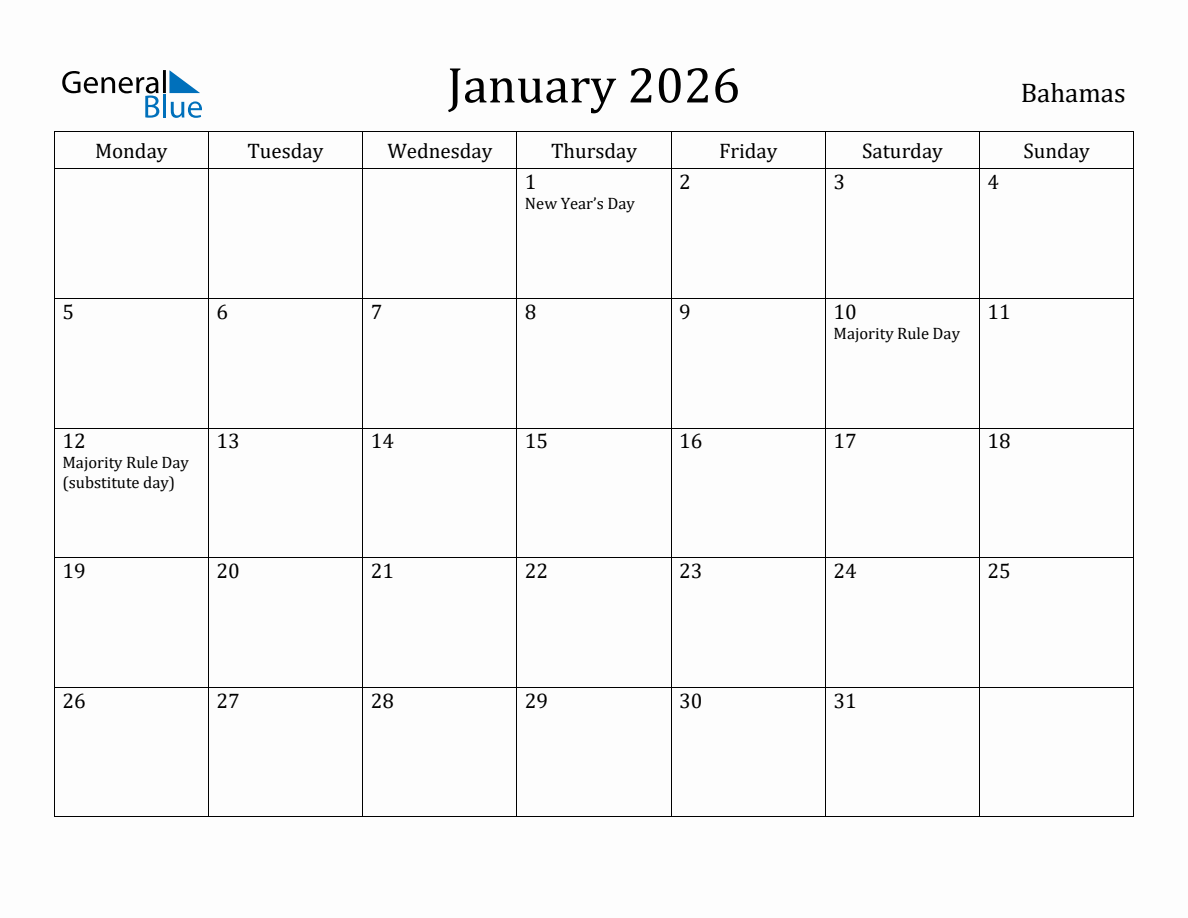 January 2026 Bahamas Monthly Calendar with Holidays