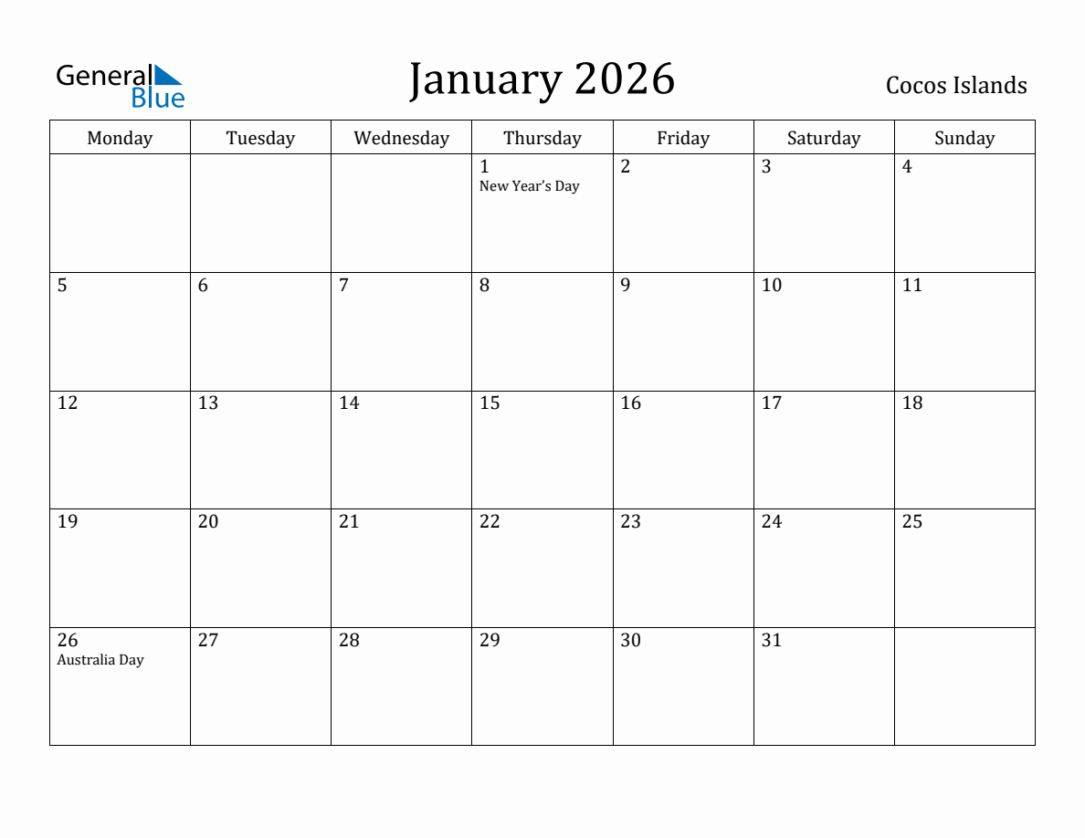Cocos Islands Monthly Calendar - January 2026 (Monday Start)
