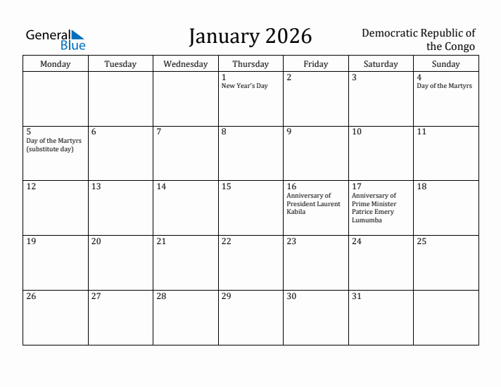 January 2026 Calendar Democratic Republic of the Congo