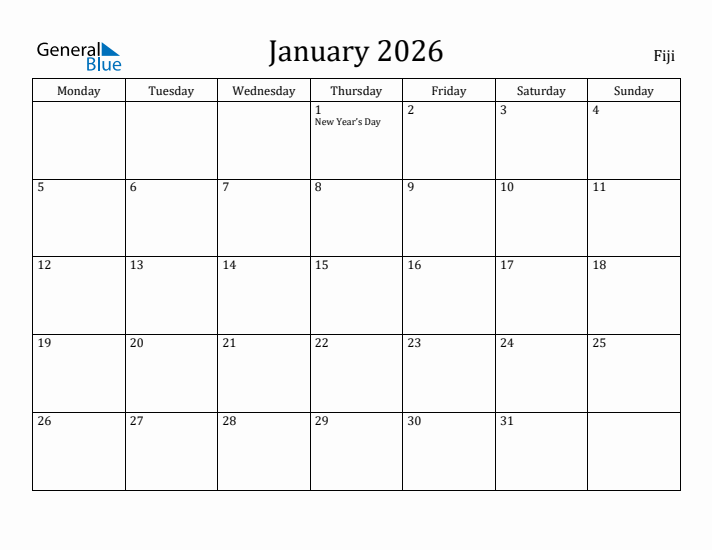 January 2026 Calendar Fiji