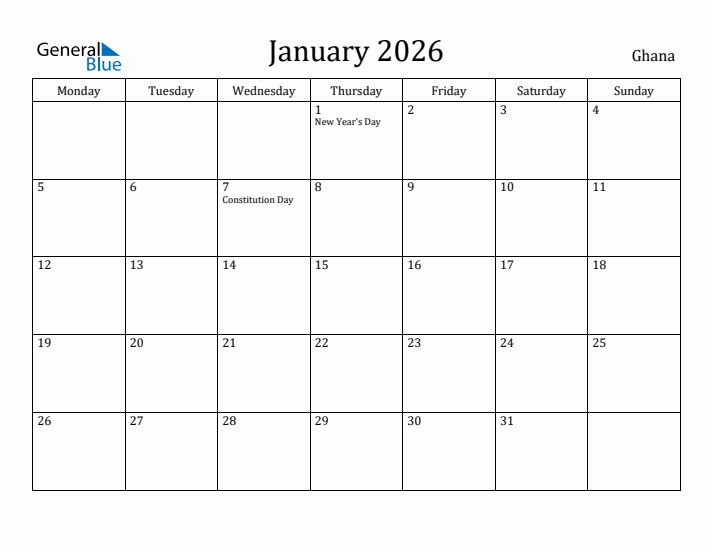 January 2026 Calendar Ghana