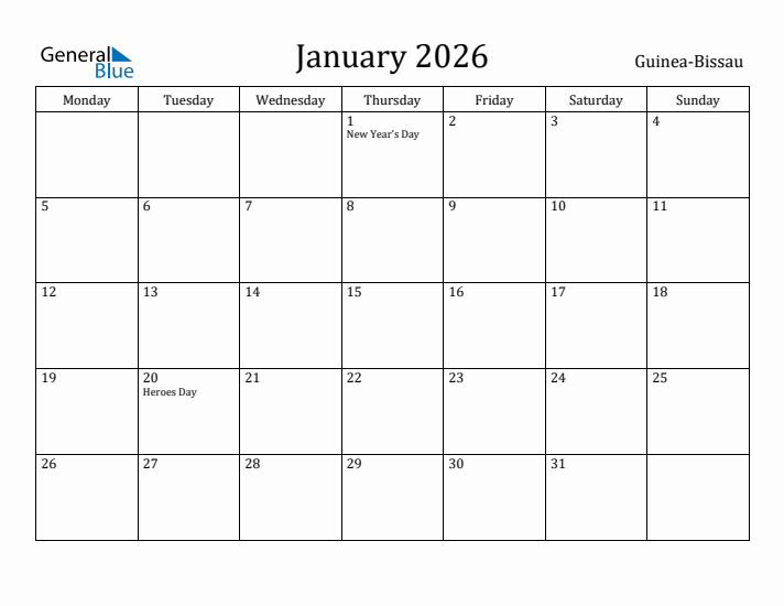 January 2026 Calendar Guinea-Bissau
