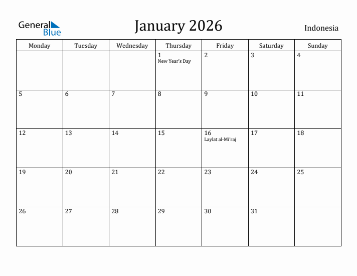 January 2026 Calendar Indonesia