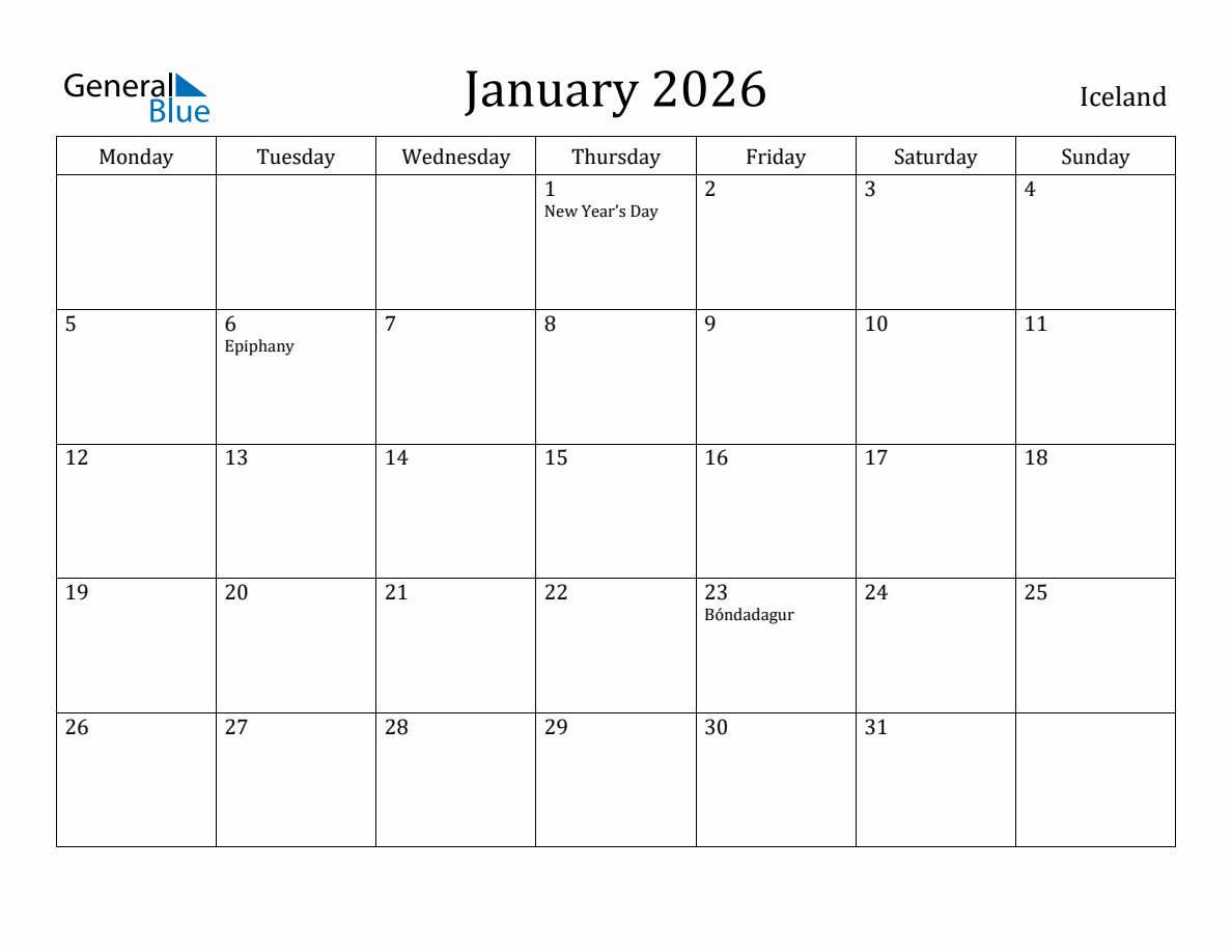 January 2026 Iceland Monthly Calendar with Holidays