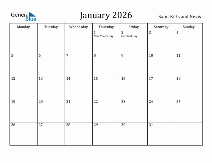 January 2026 Calendar Saint Kitts and Nevis