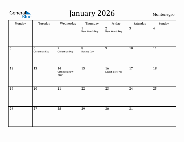 January 2026 Calendar Montenegro