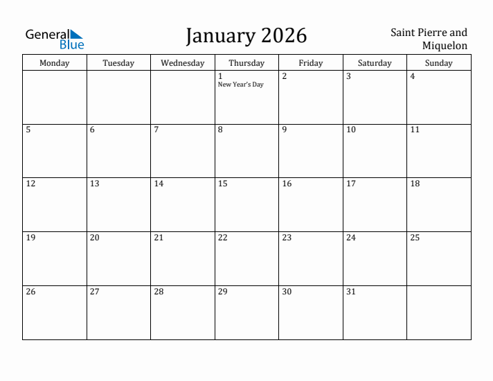 January 2026 Calendar Saint Pierre and Miquelon