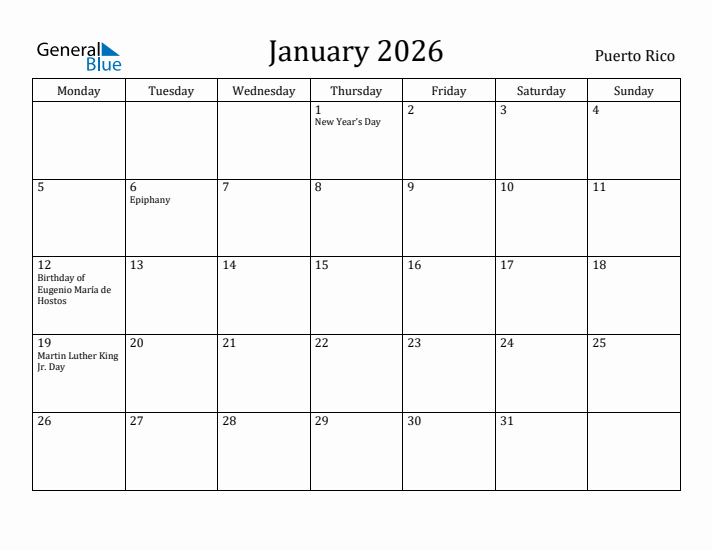 January 2026 Calendar Puerto Rico