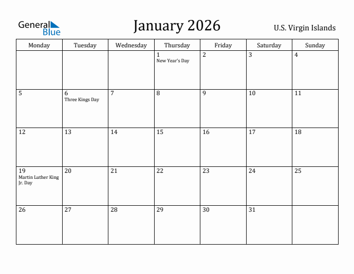 January 2026 Calendar U.S. Virgin Islands